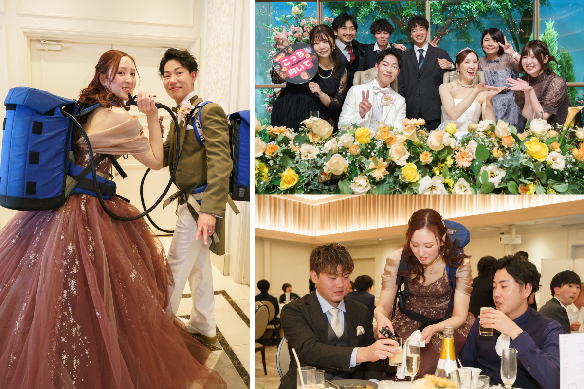 ビールサーバーをかついでテーブルラウンドする新郎新婦