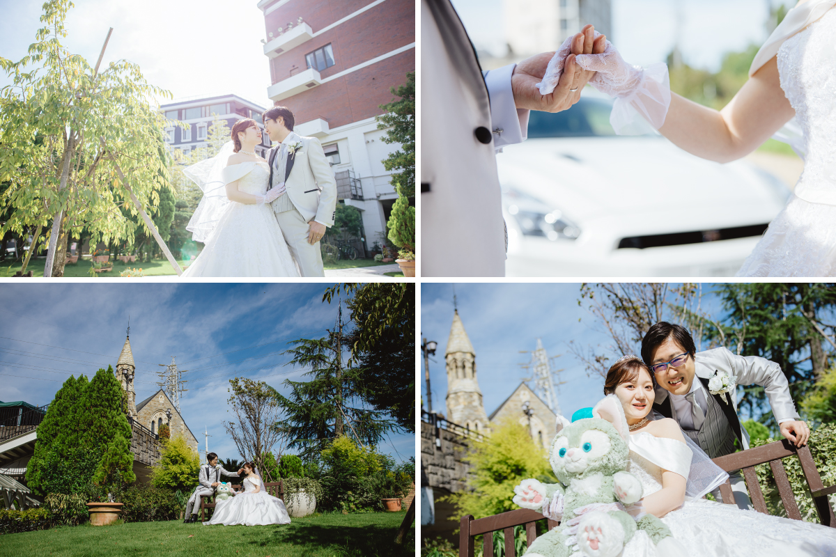 愛車やぬいぐるみと写真を撮る新郎新婦